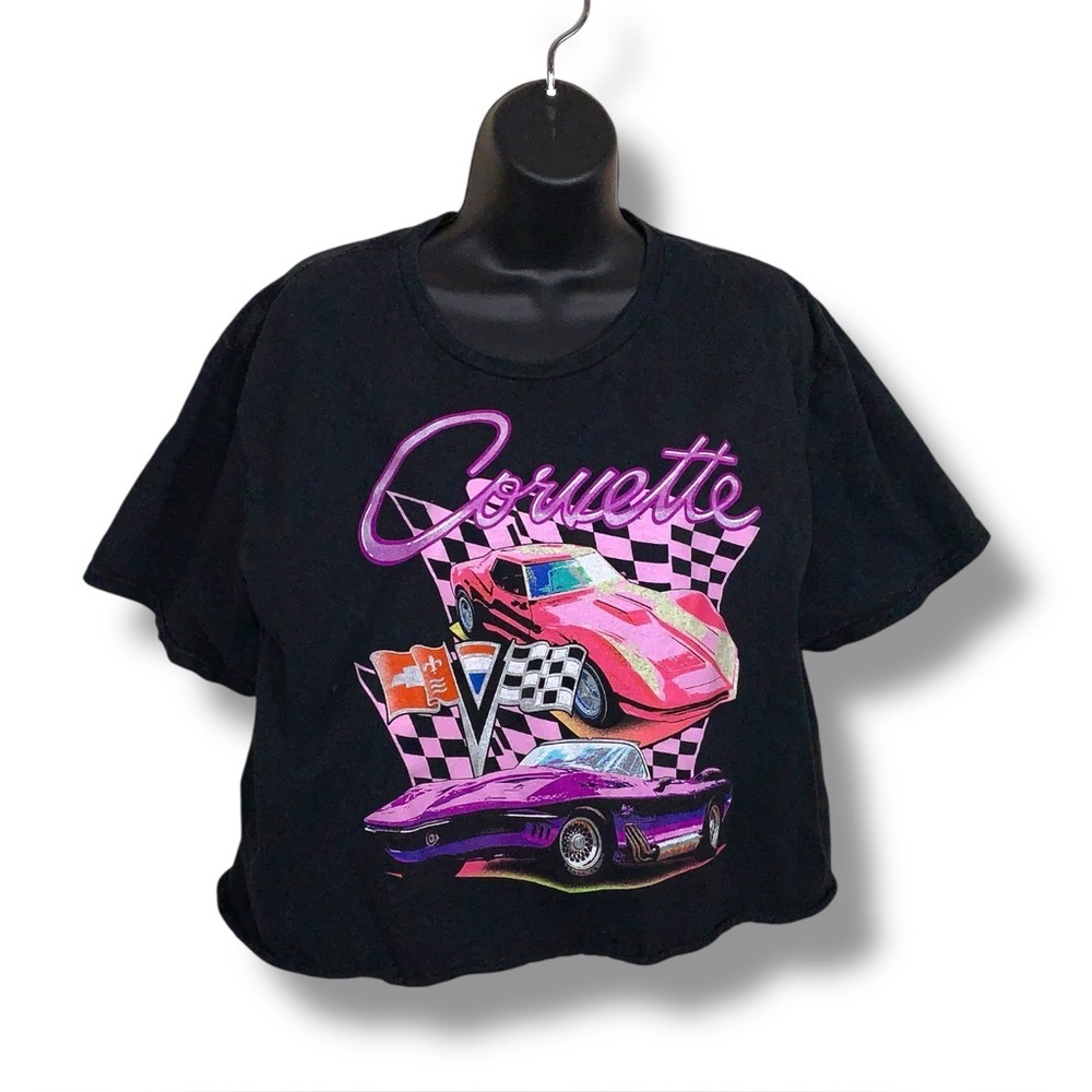 XL Chemistry Corvette Cropped Tshirt Womens Black Pink Graphic Retro Cotton